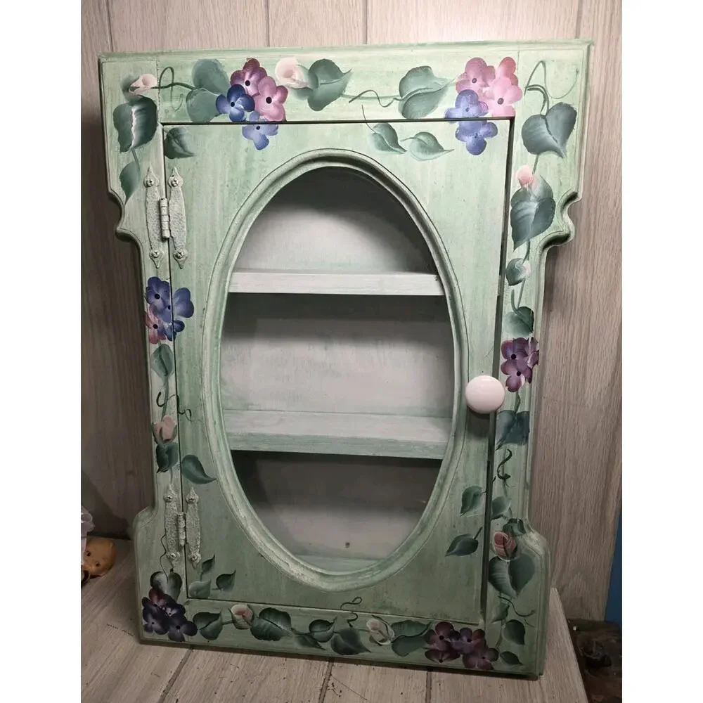 Vtg Hand Painted Floral Curio Display Cabinet Miniatures Farmhouse Cottagecore